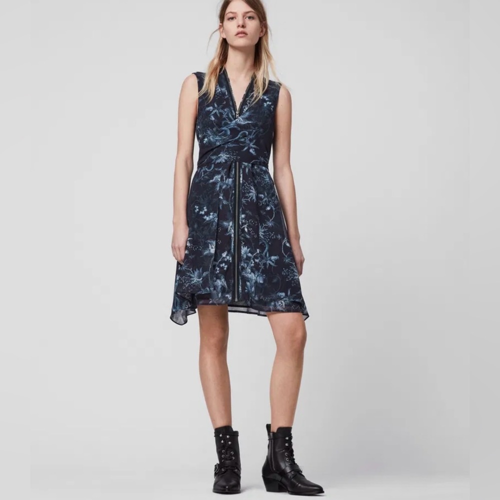 ALLSAINTS Jayda Evolution Blue Floral Dress Asymmetrical - Picture 9 of 9